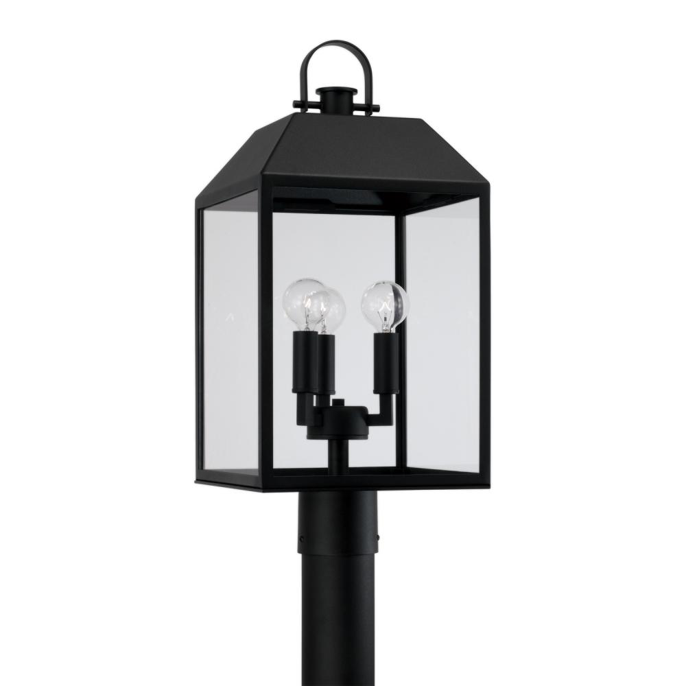 3-Light Outdoor Square Rectangle Post Lantern in Black with Clear Glass