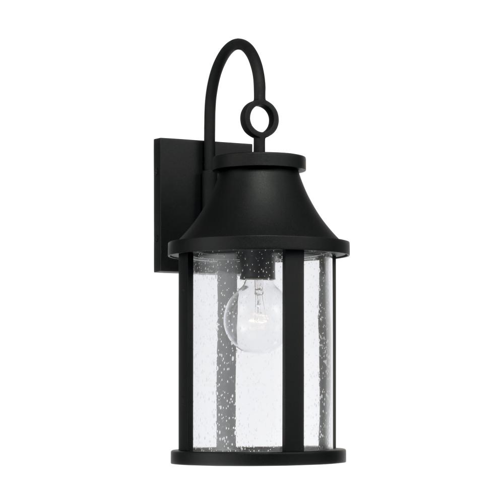 1-Light Outdoor Cylindrical Wall Lantern in Black with Seeded Glass