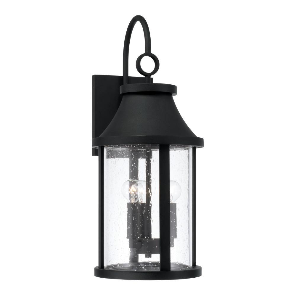 3-Light Outdoor Cylindrical Wall Lantern in Black with Seeded Glass