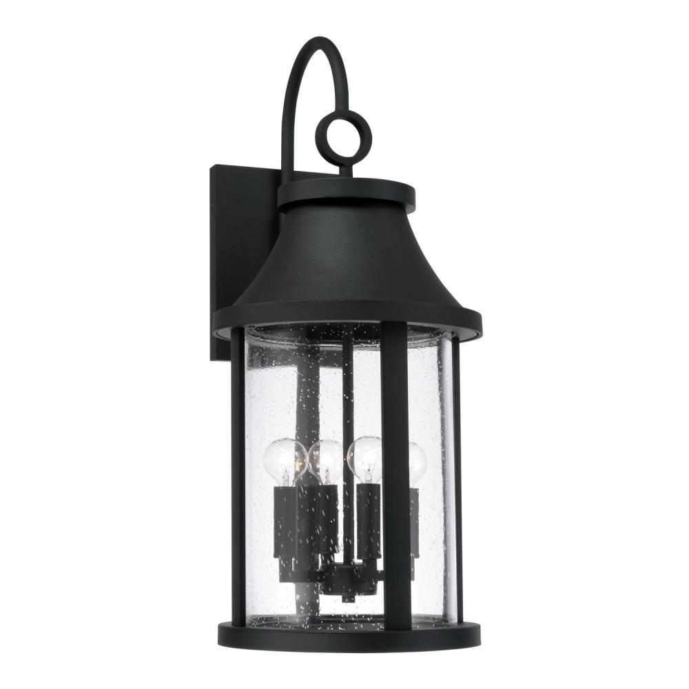 4-Light Outdoor Cylindrical Wall Lantern in Black with Seeded Glass