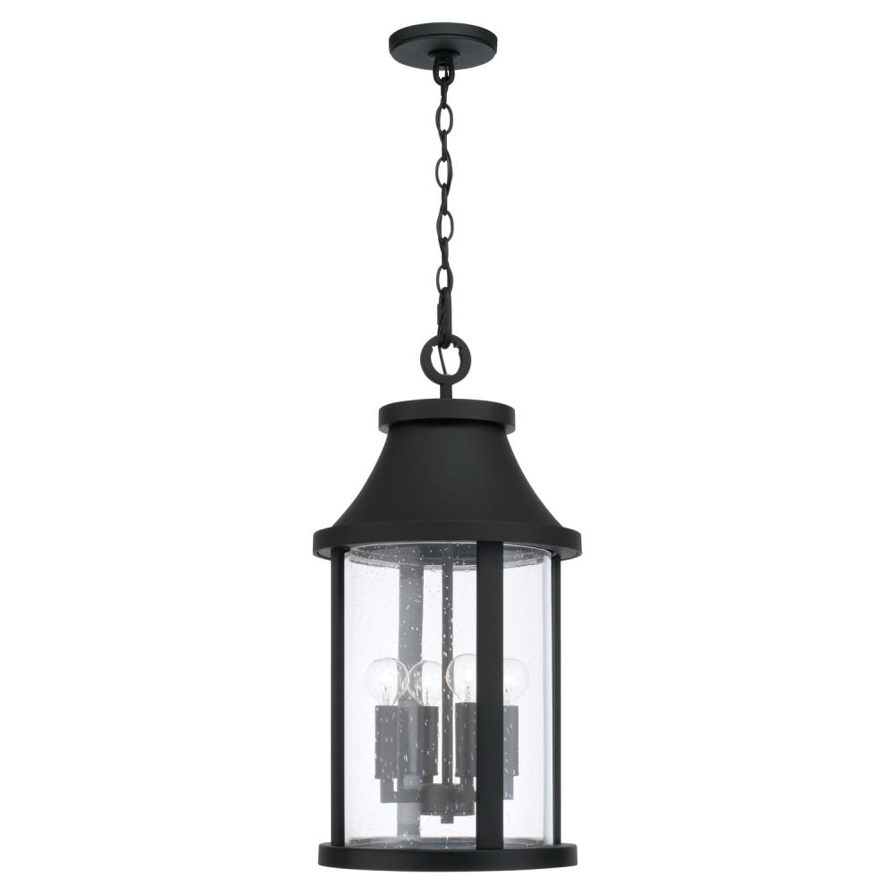 4-Light Outdoor Cylindrical Hanging Lantern in Black with Seeded Glass