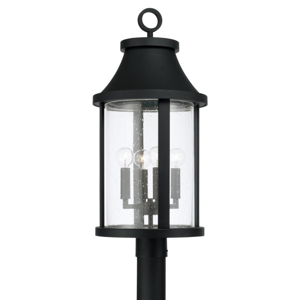 4-Light Outdoor Cylindrical Post Lantern in Black with Seeded Glass