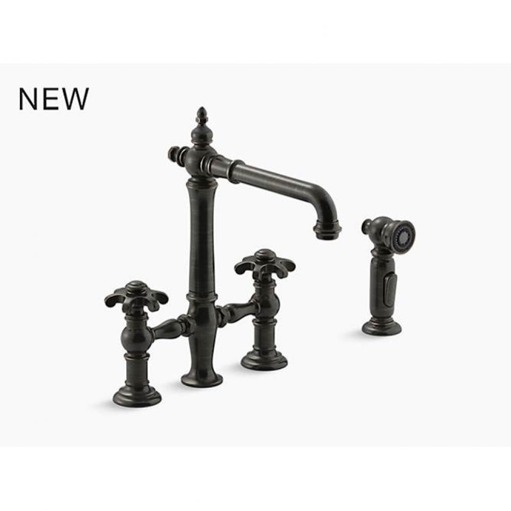 Artifacts&#xae; deck-mount bridge kitchen sink faucet with prong handles and sidespray