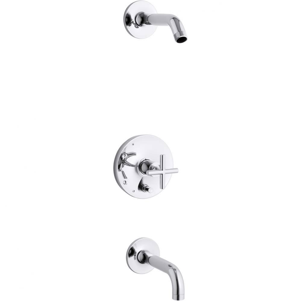 Purist&#xae; Rite-Temp(R) bath and shower trim set with push-button diverter and cross handle, les