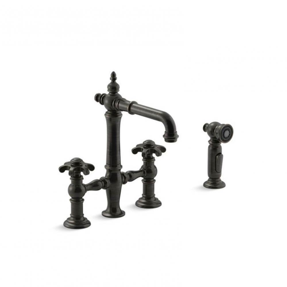 Artifacts&#xae; Deck-mount bridge bar sink faucet with prong handles and sidespray