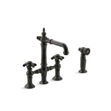 Kohler 76520-3M-2BZ - Artifacts® Deck-mount bridge bar sink faucet with prong handles and sidespray