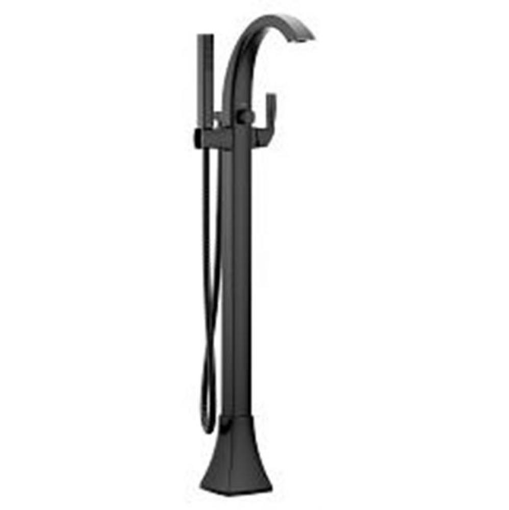 Matte black one-handle tub filler includes hand shower