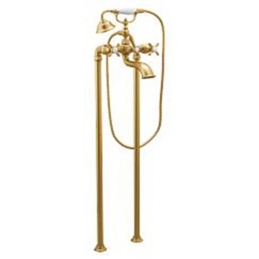 Brushed gold two-handle tub filler includes hand shower