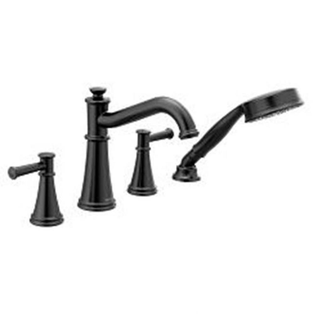 Matte black two-handle roman tub faucet includes hand shower