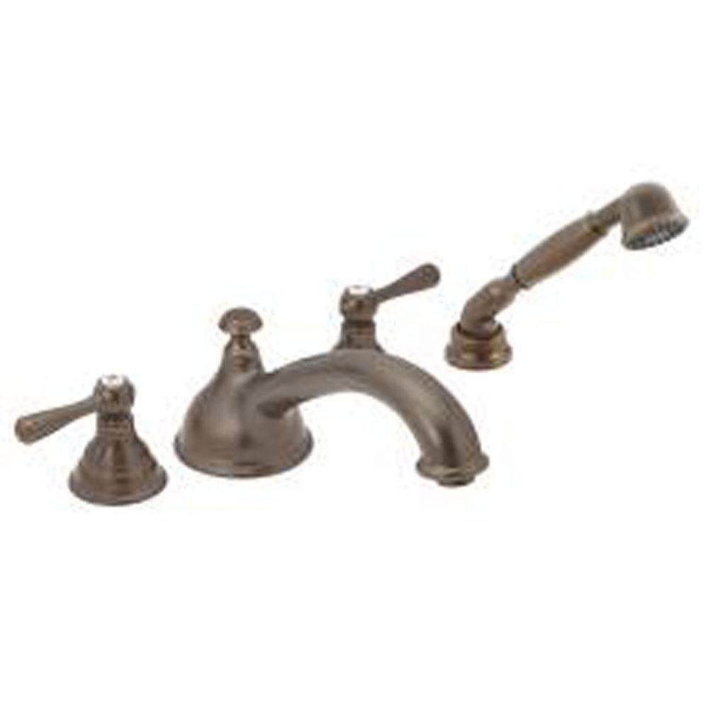 Oil rubbed bronze two-handle roman tub faucet includes hand shower