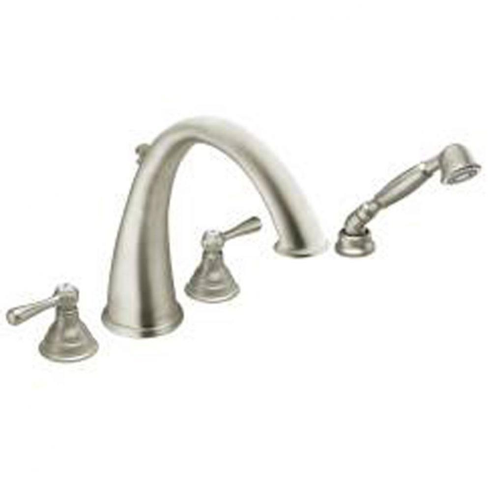 Brushed nickel two-handle roman tub faucet includes hand shower