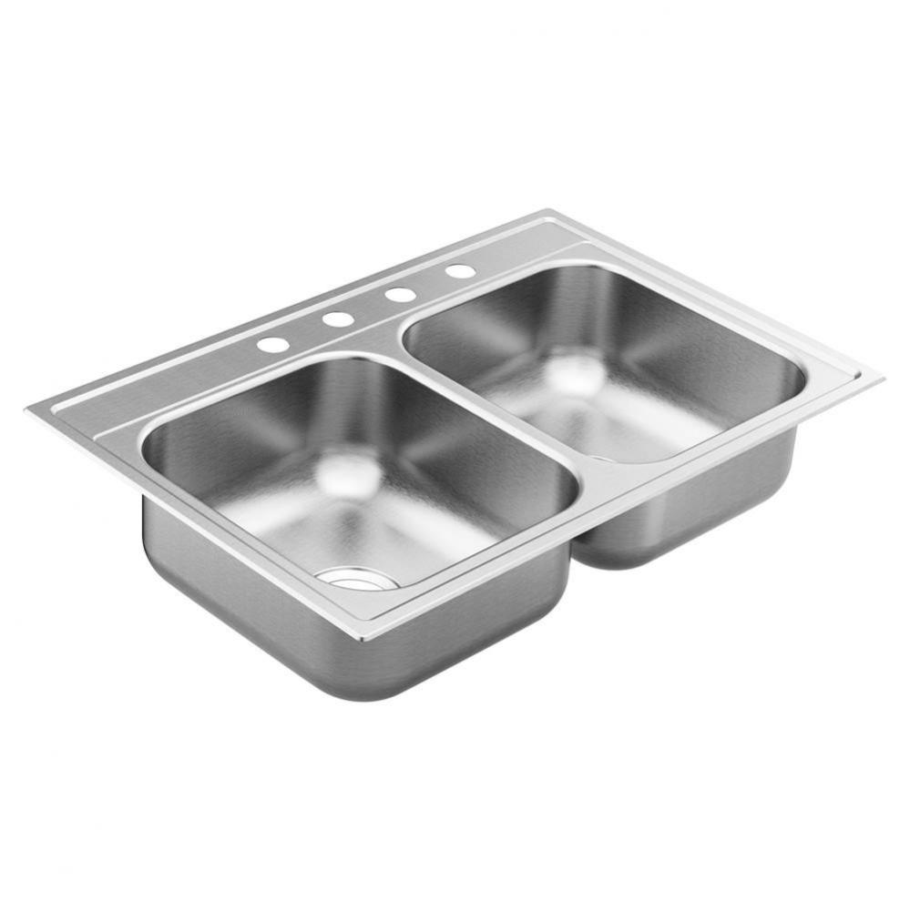 1800 Series 33-inch 18 Gauge Drop-in Double Bowl Stainless Steel Kitchen Sink, 7-inch Depth, Featu