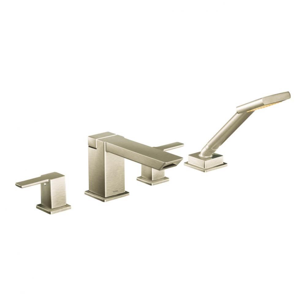 90 Degree 2-Handle Deck-Mount High-Arc Roman Tub Faucet with Hand Shower in Brushed Nickel (Valve