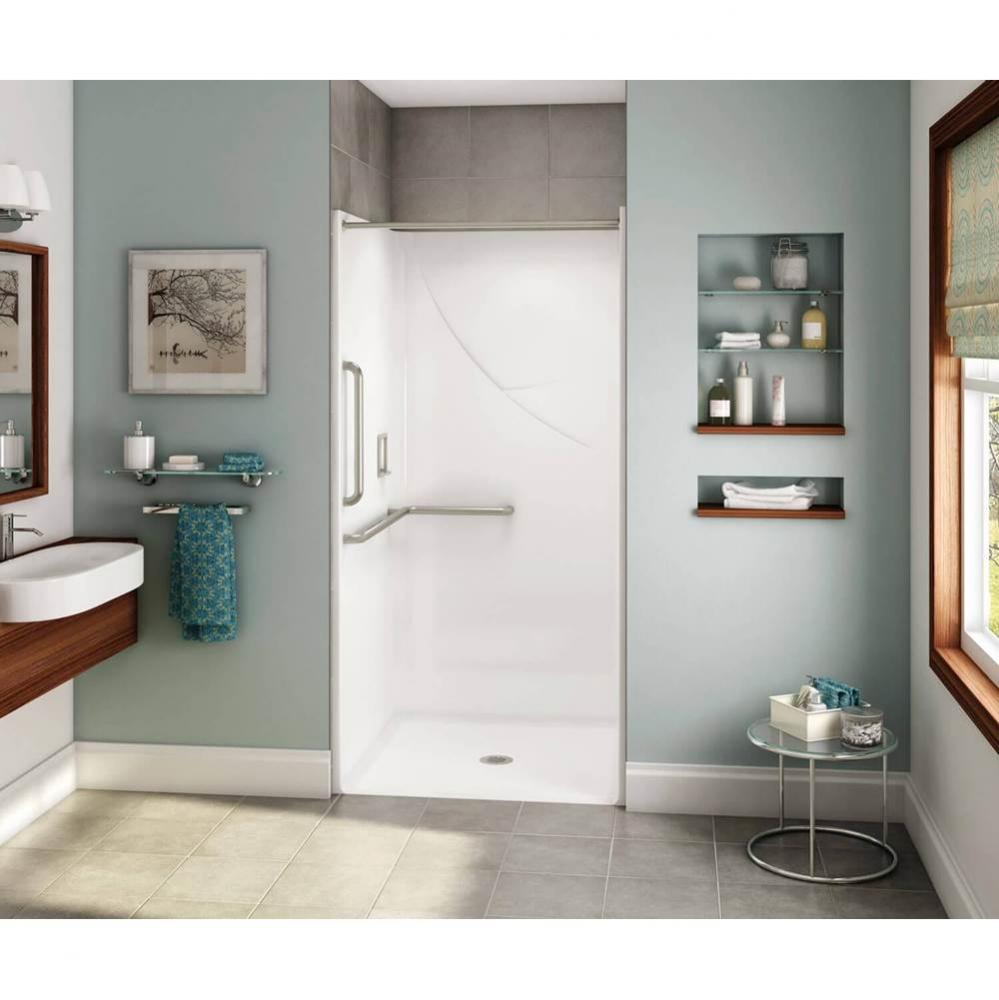 OPS-3636 - L-shaped and Vertical Grab Bar AcrylX Alcove Center Drain One-Piece Shower in White