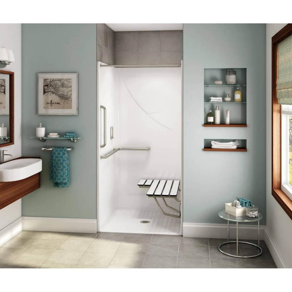 OPS-3636-RS - L-Shaped and Vertical Grab Bar and Seat AcrylX Alcove Center Drain One-Piece Shower