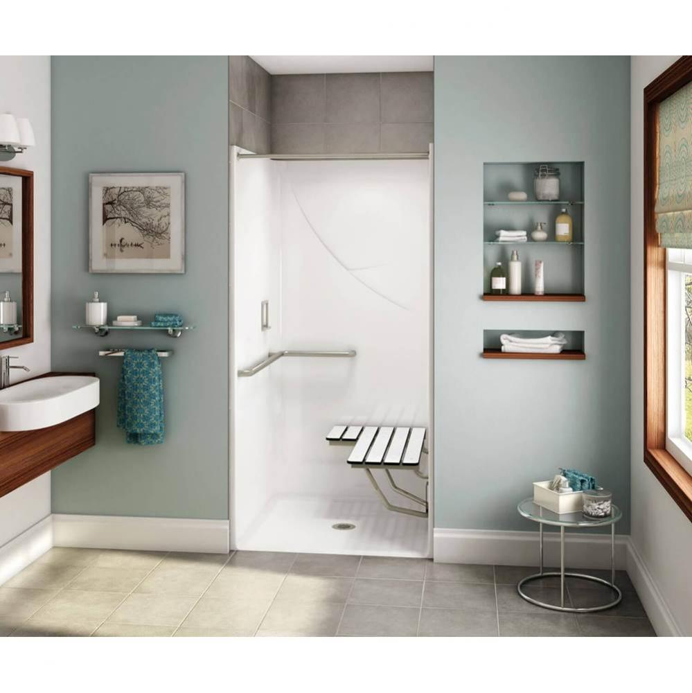 OPS-3636 - L-shaped Grab Bar and Seat AcrylX Alcove Center Drain One-Piece Shower in White