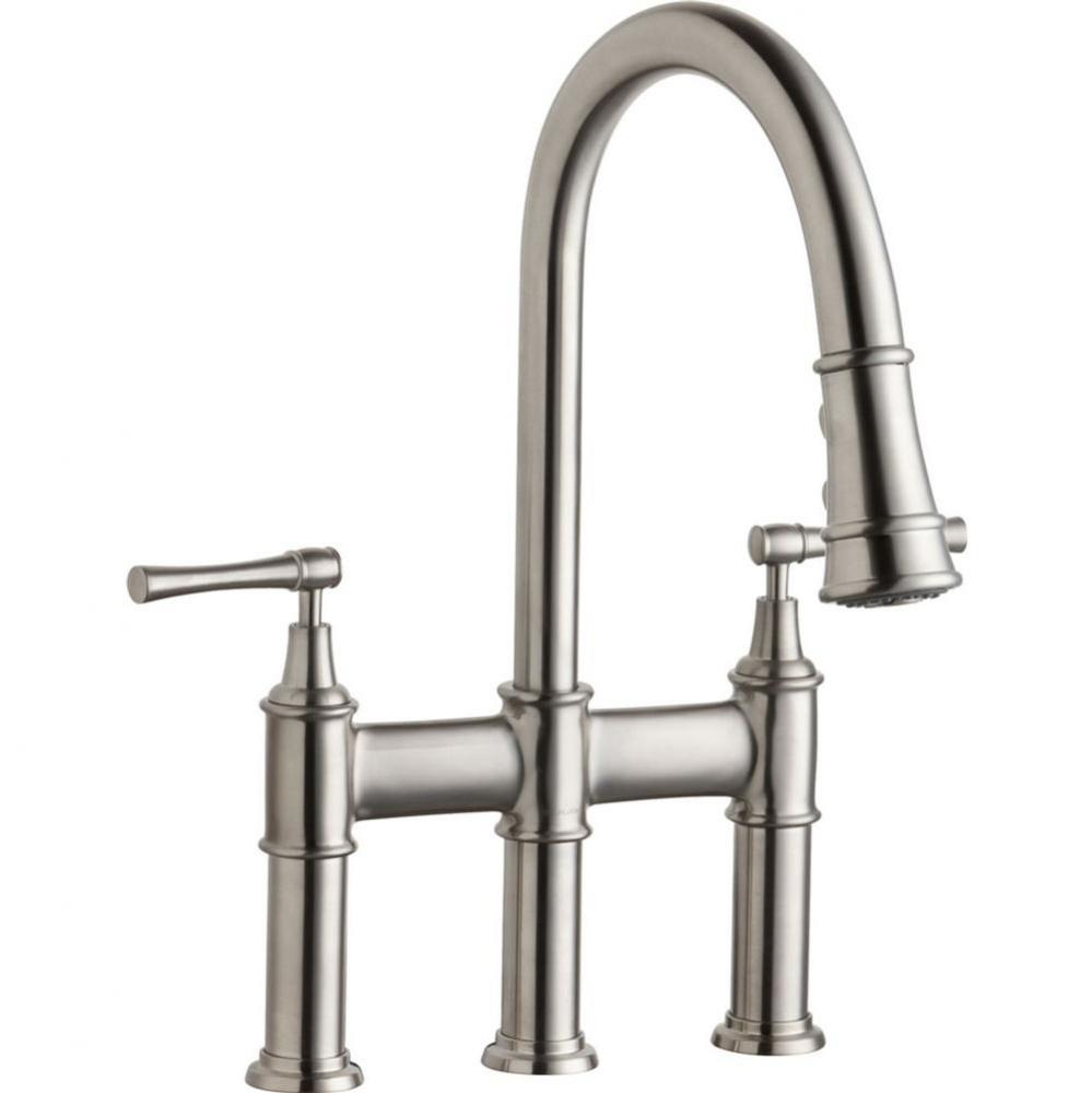 Explore Three Hole Bridge Faucet with Pull-down Spray and Lever Handles Lustrous Steel