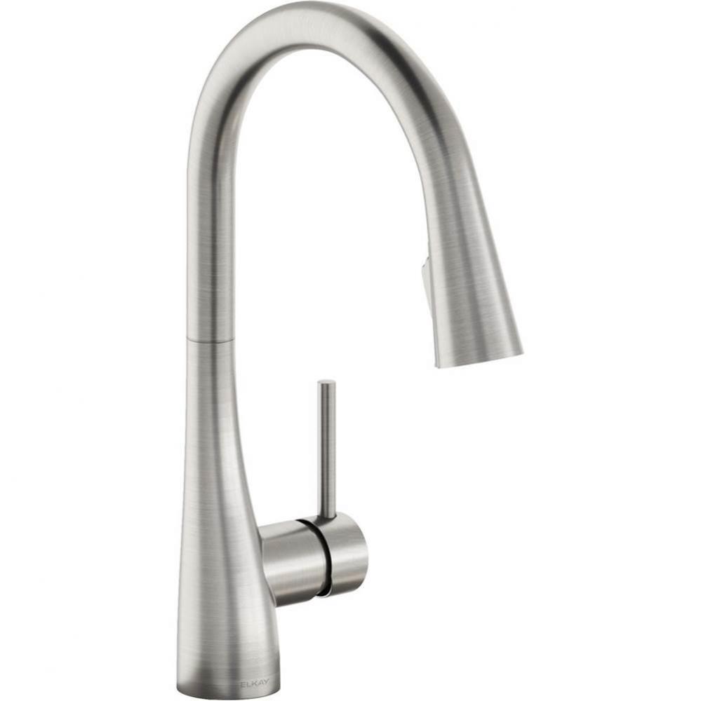 Gourmet Single Hole Kitchen Faucet with Pull-down Spray and Forward Only Lever Handle, Lustrous St