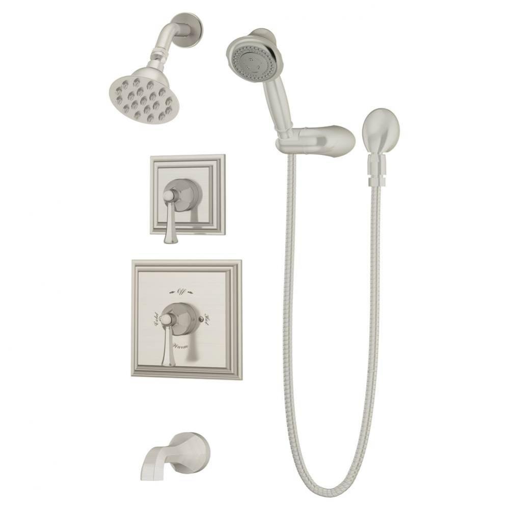 Canterbury 2-Handle Tub and 1-Spray Shower Trim with 3-Spray Hand Shower in Satin Nickel (Valves N