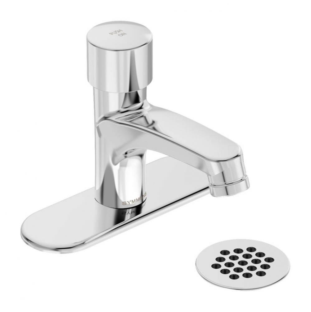 SCOT Metering Lavatory Faucet with 4 in. Deck Plate and Grid Drain in Polished Chrome (0.5 GPM)