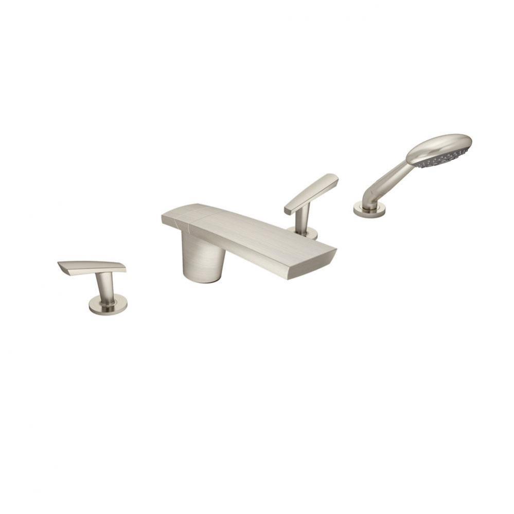Naru 2-Handle Deck Mount Roman Tub Faucet with 3-Spray Hand Shower in Satin Nickel