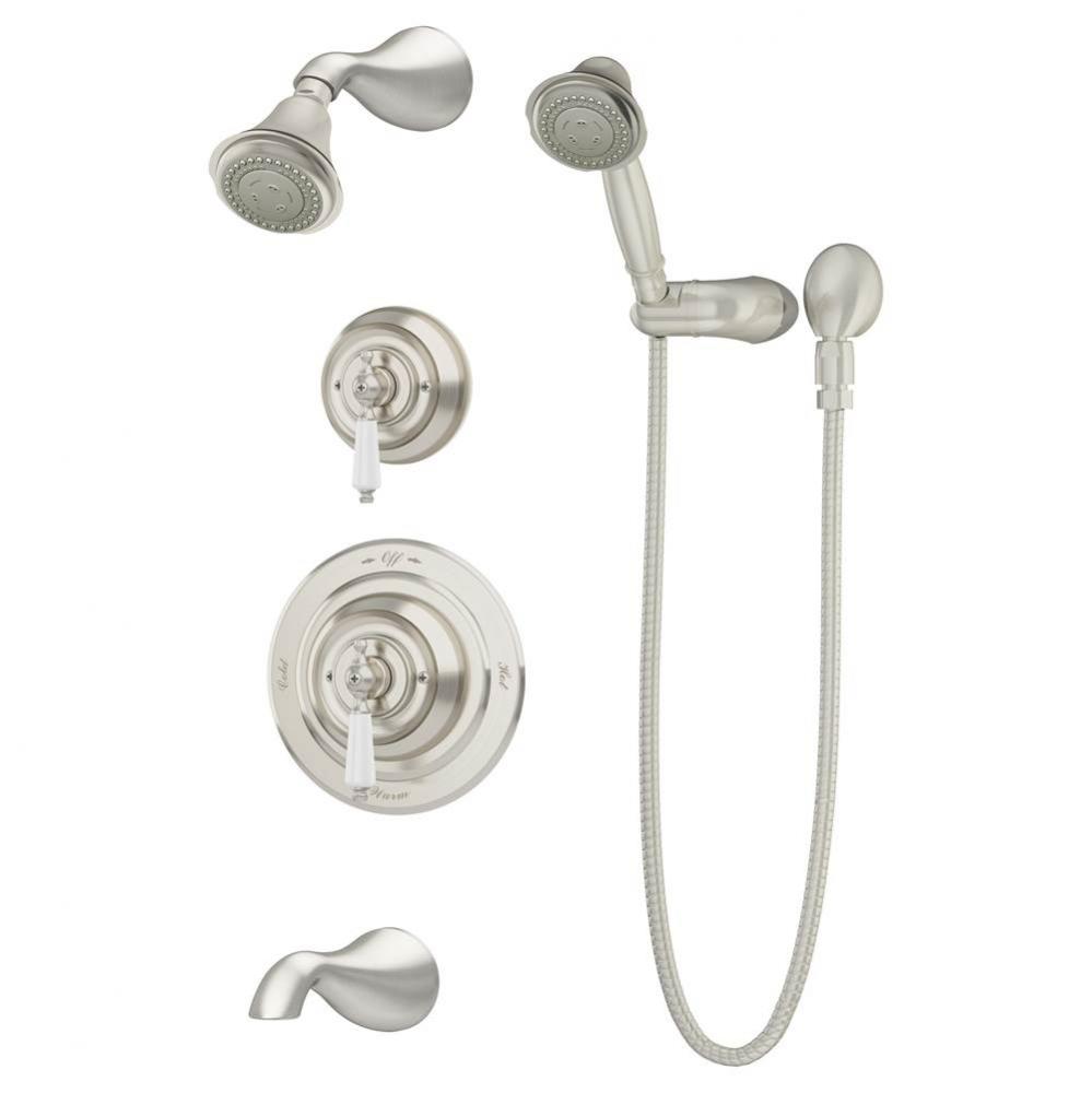 Carrington 2-Handle Tub and 3-Spray Shower Trim with 3-Spray Hand Shower in Satin Nickel (Valves N