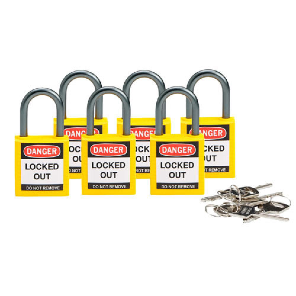 Nylon Padlock 1&#34; Alum Shackle KD YL 6PK