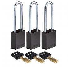 Brady ALU-BLK-76ST-KA3PK - Alum Padlock 3" Steel Shackle KA BK 3PK