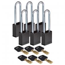 Brady ALU-BLK-76ST-KD6PK - Alum Padlock 3" Steel Shackle KD BK 6PK