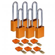 Brady ALU-ORG-76ST-KD6PK - Alum Padlock 3" Steel Shackle KD OR 6PK