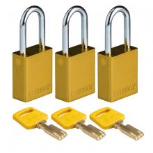 Brady ALU-YLW-38ST-KA3PK - Alum Padlock 1.5" Steel Shkl KA YL 3PK