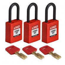 Brady NYL-RED-38PL-KA3PK - Nylon Padlock 1.5" Plst Shkl KA RD 3PK