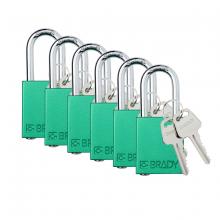 Brady SDAL-GRN-38ST-KA6 - Alum Padlock 1.5" Steel Shkl KA GN 6PK