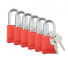 Brady SDAL-RED-38ST-KA6 - Alum Padlock 1.5" Steel Shkl KA RD 6PK