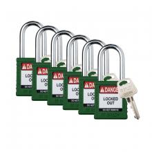 Brady SDPL-GRN-38ST-KA6 - Plastic Padlock 1.5" Stl Shkl KA GN 6PK