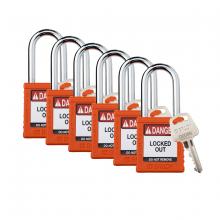 Brady SDPL-ORG-38ST-KA6 - Plastic Padlock 1.5" Stl Shkl KA OR 6PK