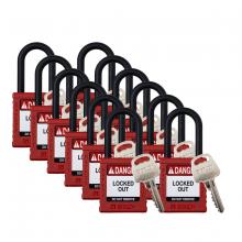 Brady SDPL-RED-38PL-KA12 - Plastic Padlock 1.5" Shackle KA RD 12PK