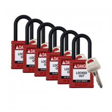 Brady SDPL-RED-38PL-KA6 - Plastic Padlock 1.5" Shackle KA RD 6PK