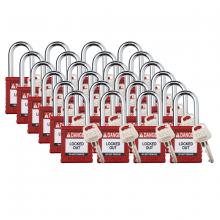 Brady SDPL-RED-38ST-KA24 - Plastic Padlock 1.5" Stl Shkl KA RD 24PK