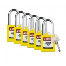 Brady SDPL-YLW-38ST-KD6 - Plastic Padlock 1.5" Stl Shkl KD YL 6PK