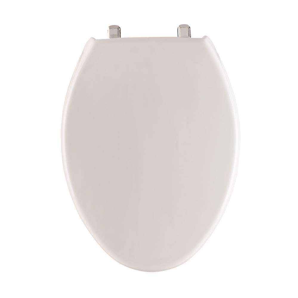 Elongated Commercial Plastic Toilet Seat in White with Self-Sustaining Stainless Steel Hinge