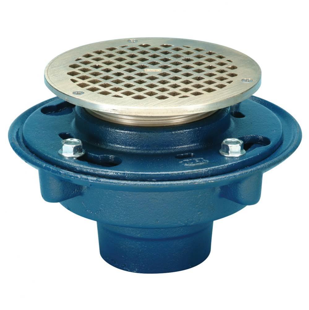 ZN415 Cast Iron Floor Drain w/ 5&apos;&apos; Round Adj Pol Nickel Strainer w/ Heel Proof Sq Openin