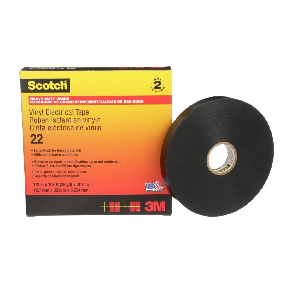 Scotch® Vinyl Electrical Tape, 22, black, 10 mil (0.25 mm), 1/2 in x 36 yd (12.7 mm x 32.9 m)