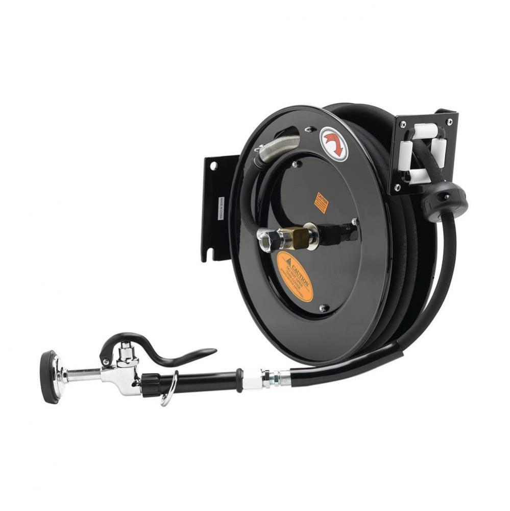 Hose Reel, Open, Powder Coated Steel, 35&apos; x 3/8&apos;&apos; ID Hose w/ Spray Valve &amp; Redu