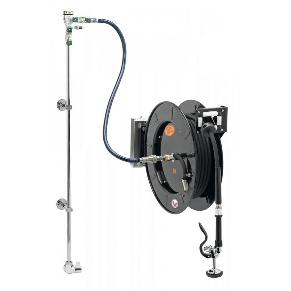 EQUIP Hose Reel System, Single-Temp Wall Mount Base Faucet, 3/8&apos;&apos; x 50&apos; Hose, Wall