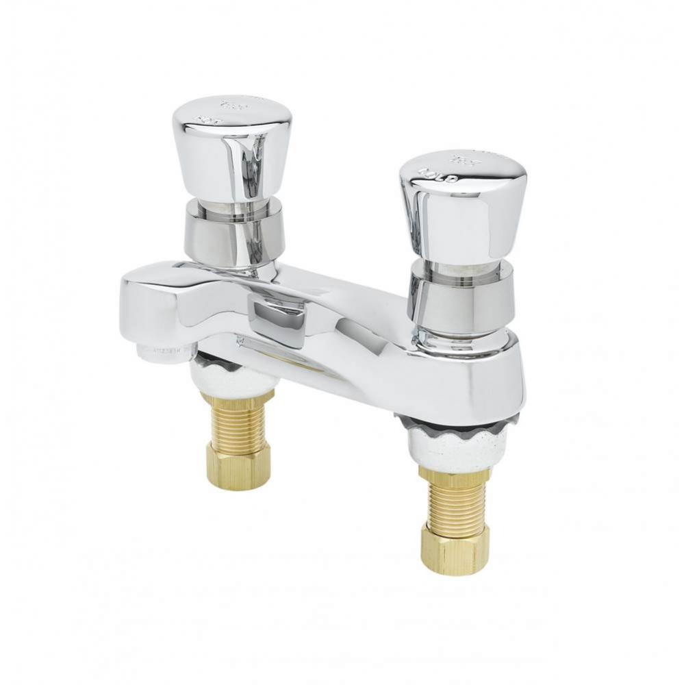 Metering Faucet, 4&apos;&apos; Deck Mount, Aerator, Push-Button Handles w/ Anti-Microbial Coating
