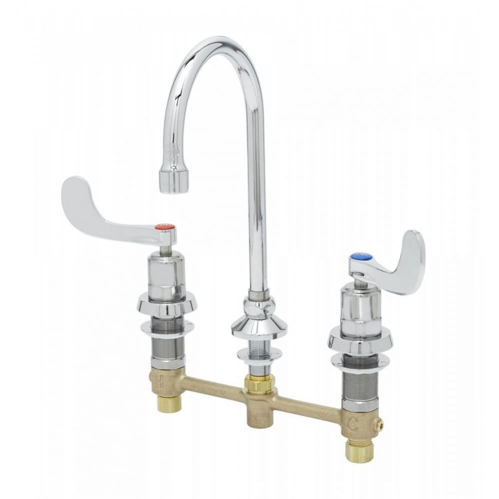 Medical Faucet, 8&apos;&apos; Centers, Swivel Gooseneck, Metering, Non-Splash Aerator, Wrist Actio