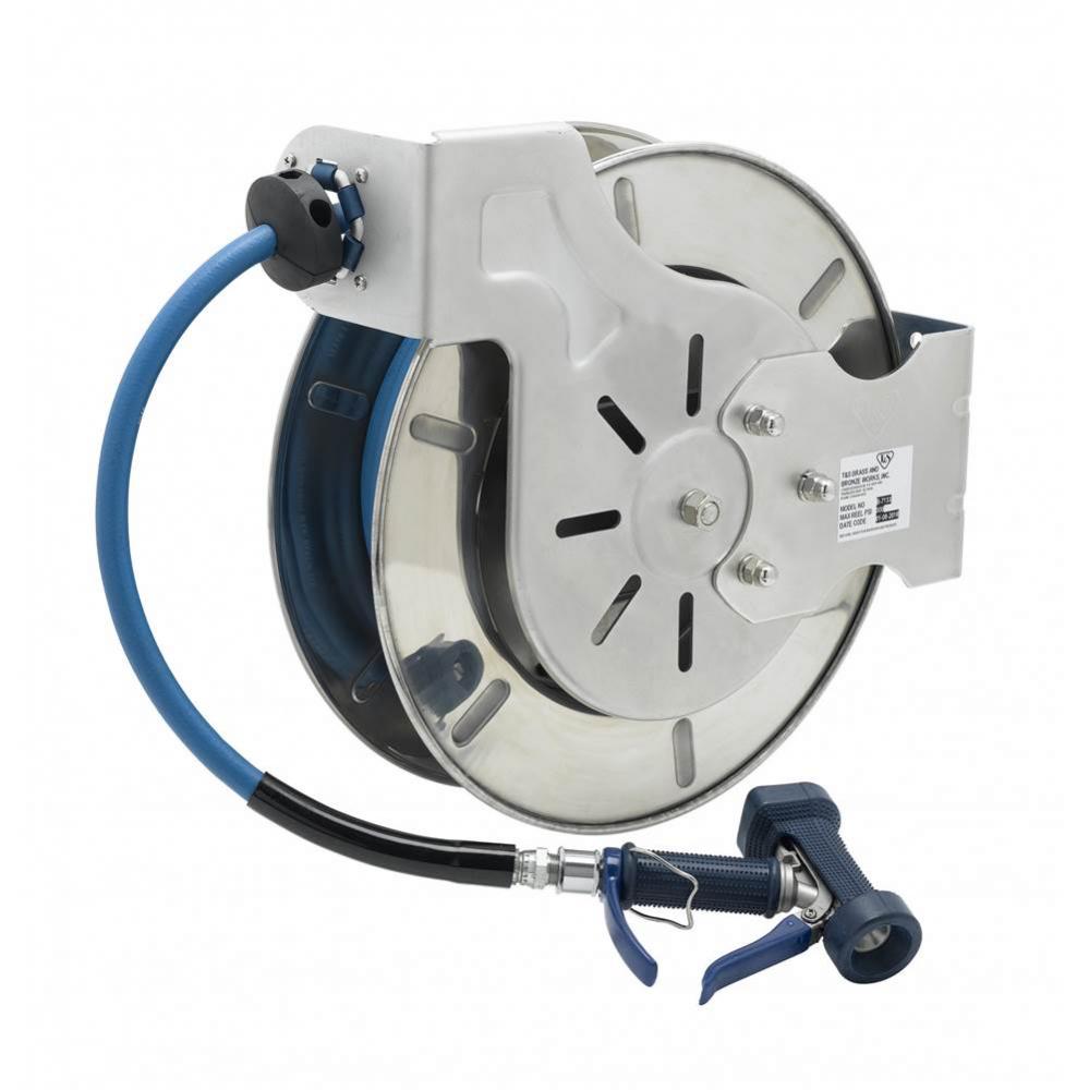 Hose Reel, Open, Stainless Steel, 1/2&apos;&apos; x 35&apos; Hose, 9/16&apos;&apos; Front Trigger