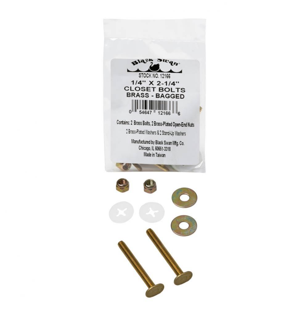 Closet Bolts - Brass - Bagged (style 2) - 2 brass bolts, 2 brass plated open-end nuts, 2 brass pla