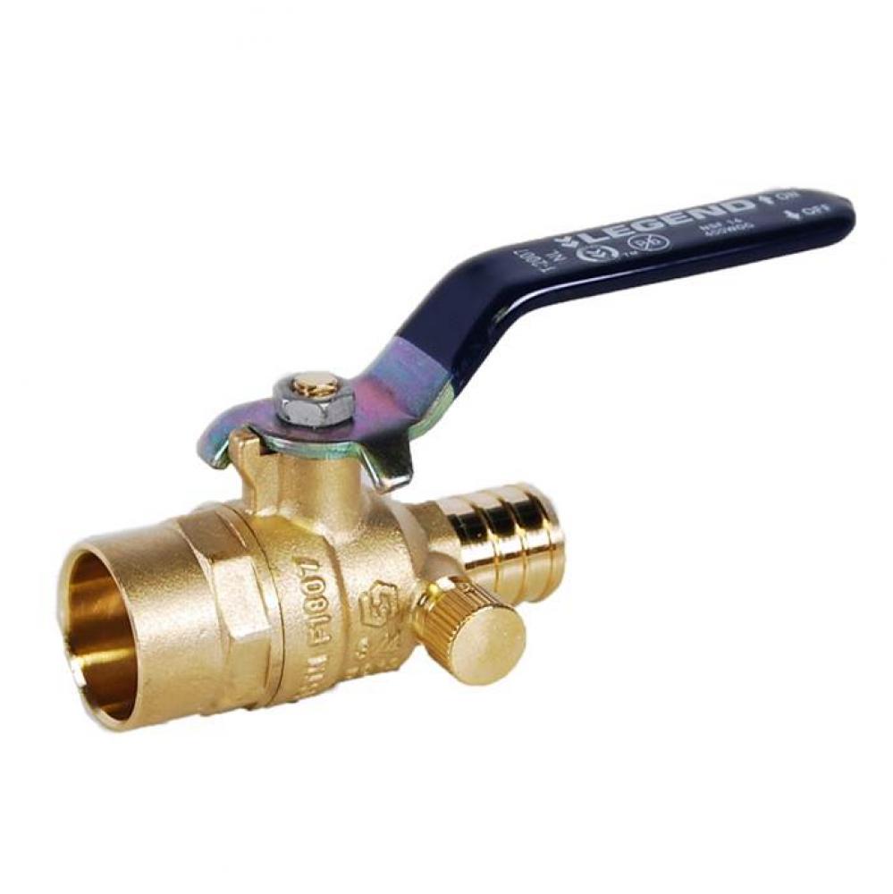 1/2 &apos;&apos; T-2007NL No Lead Forged, DZR Brass Sweat x PEX Ball Valve with Drain